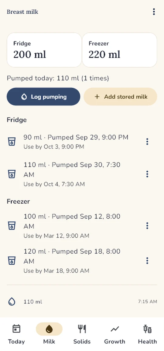 Breast milk screen: fridge and freezer stash with use-by dates