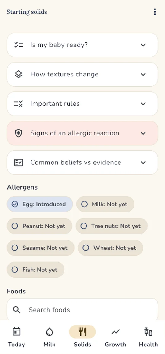 Starting solids: readiness guide, allergen tracker and food list