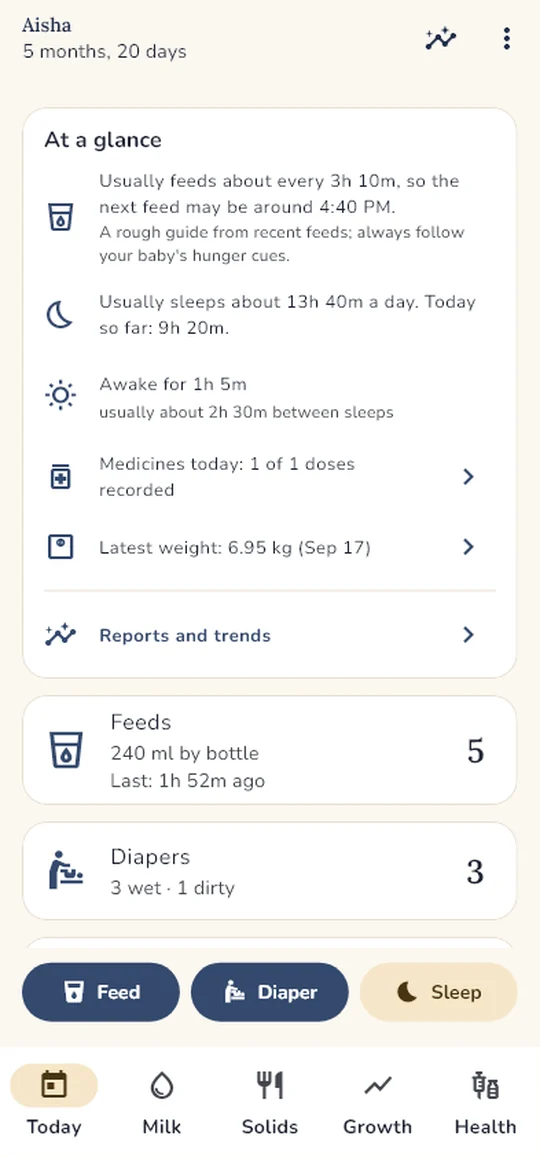 Today screen: feeds, diapers and sleep, and when the next feed may be